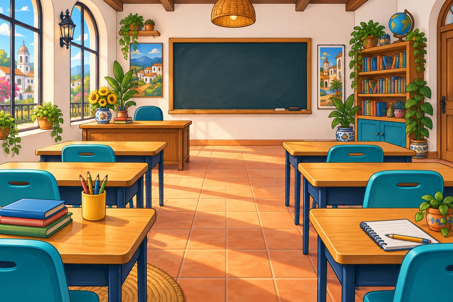 Game artwork showing a sunny classroom with books, desks, and a chalkboard